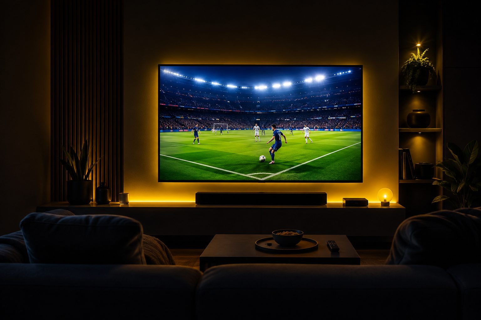A living room TV showing live sport streamed through IPTV Smarters Pro