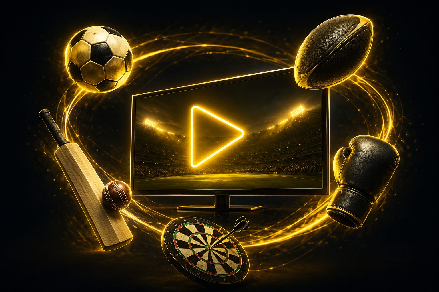 UK sports icons — football, rugby, cricket, darts and boxing — around a TV screen