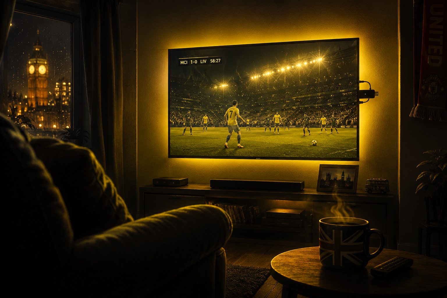 A British living room at night with a wall-mounted TV showing live football