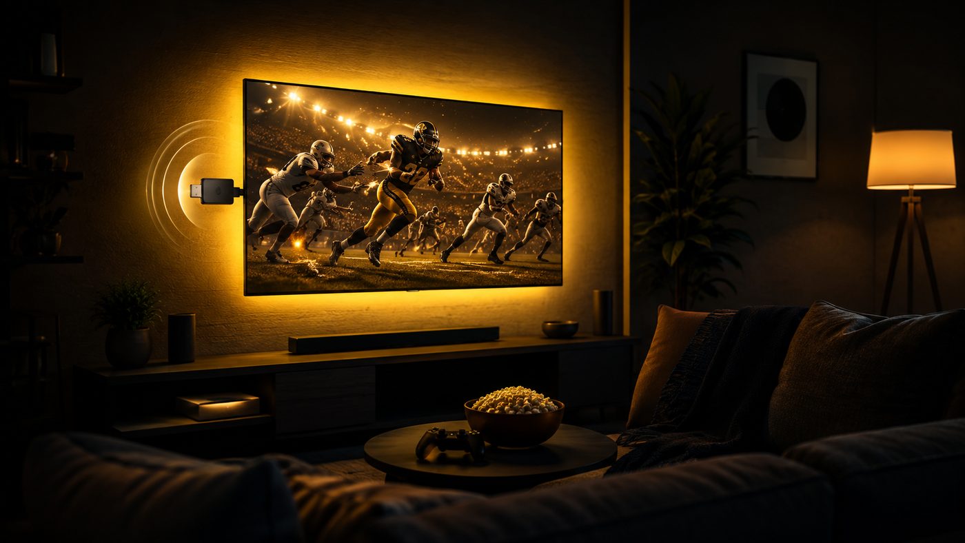 trendyscreen on a Firestick in a US living room with sports on the TV