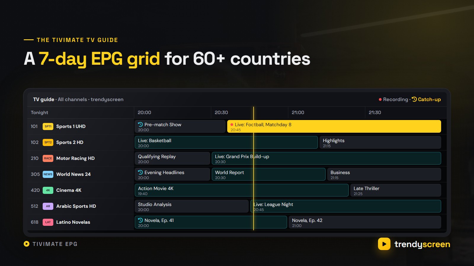 TiviMate 7-day EPG TV guide grid with TrendyScreen sports, news, movie and international channels