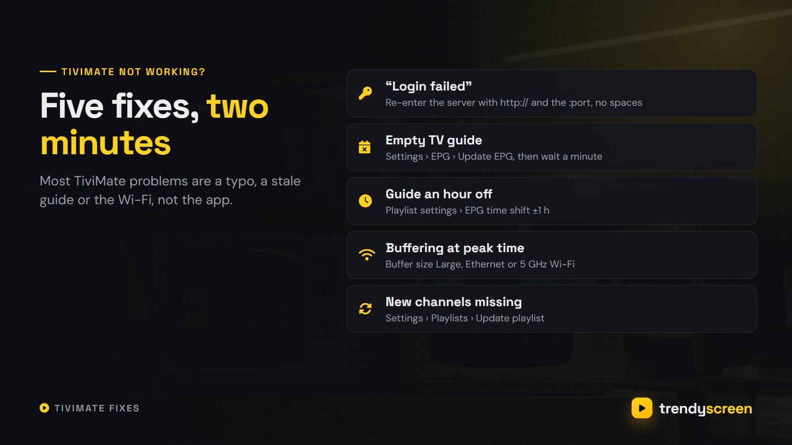 TiviMate not working fixes: login failed, empty TV guide, wrong EPG time, buffering and missing channels