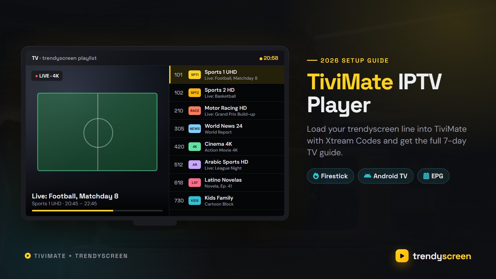 TiviMate IPTV Player running a TrendyScreen playlist: live channel list, 4K preview and 7-day TV guide